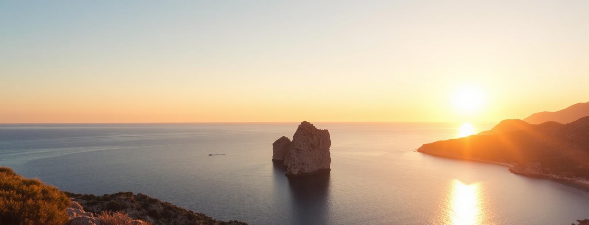 Ibiza panorama at first light with Dalt Vila walls on the hill and the Mediterranean turquoise bay below in soft pastel sunrise