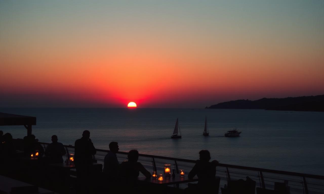 Cap des Falco Ibiza sunset over the Ses Salines salt flats with pink and gold light reflecting on the salt pans and refined Mediterranean atmosphere