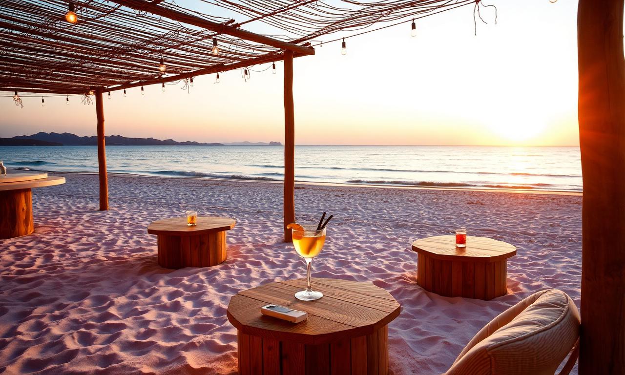 Experimental Beach Ibiza sunset bar at Cap des Falco with refined wooden deck, sun loungers and golden hour Mediterranean view