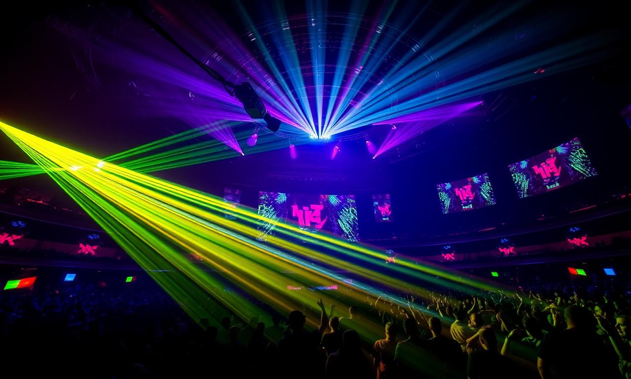 Hi Ibiza nightclub interior at Playa den Bossa with dramatic LED lighting, large dance floor and elevated DJ booth