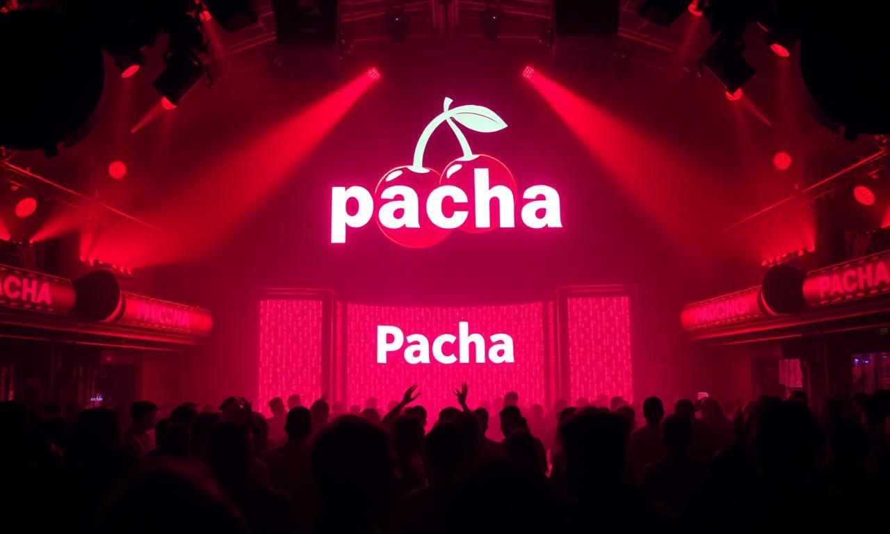 Pacha Ibiza nightclub iconic interior with cherry logo, multiple rooms, warm red lighting and refined late night atmosphere