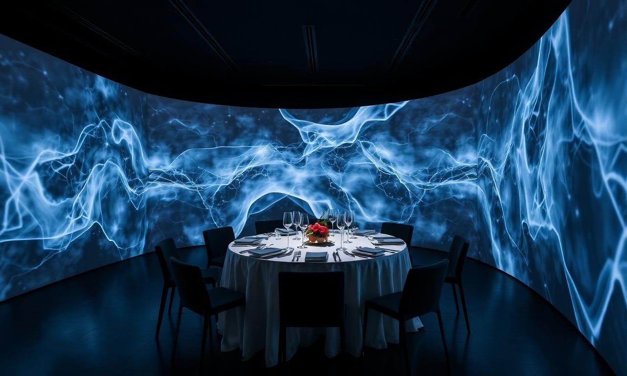 Sublimotion Ibiza immersive multi-sensory fine dining room with theatrical projection mapping, twelve seat counter and dramatic lighting