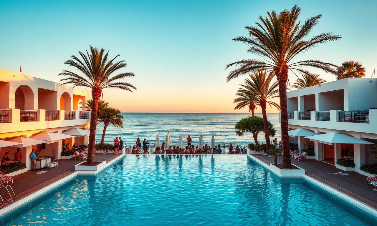 Ushuaia Ibiza Beach Hotel iconic open air pool stage at Playa den Bossa with refined balconies overlooking the day club at golden hour