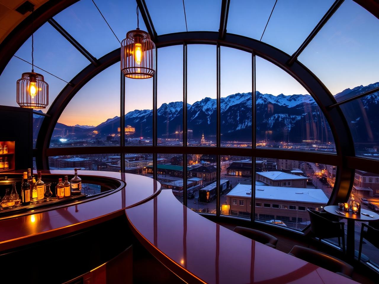 360 Grad Innsbruck refined rooftop bar with circular floor-to-ceiling glass walls opening to a 360-degree panoramic view of the snow-capped Nordkette alpine mountains around the city at dusk and warm pendant lighting