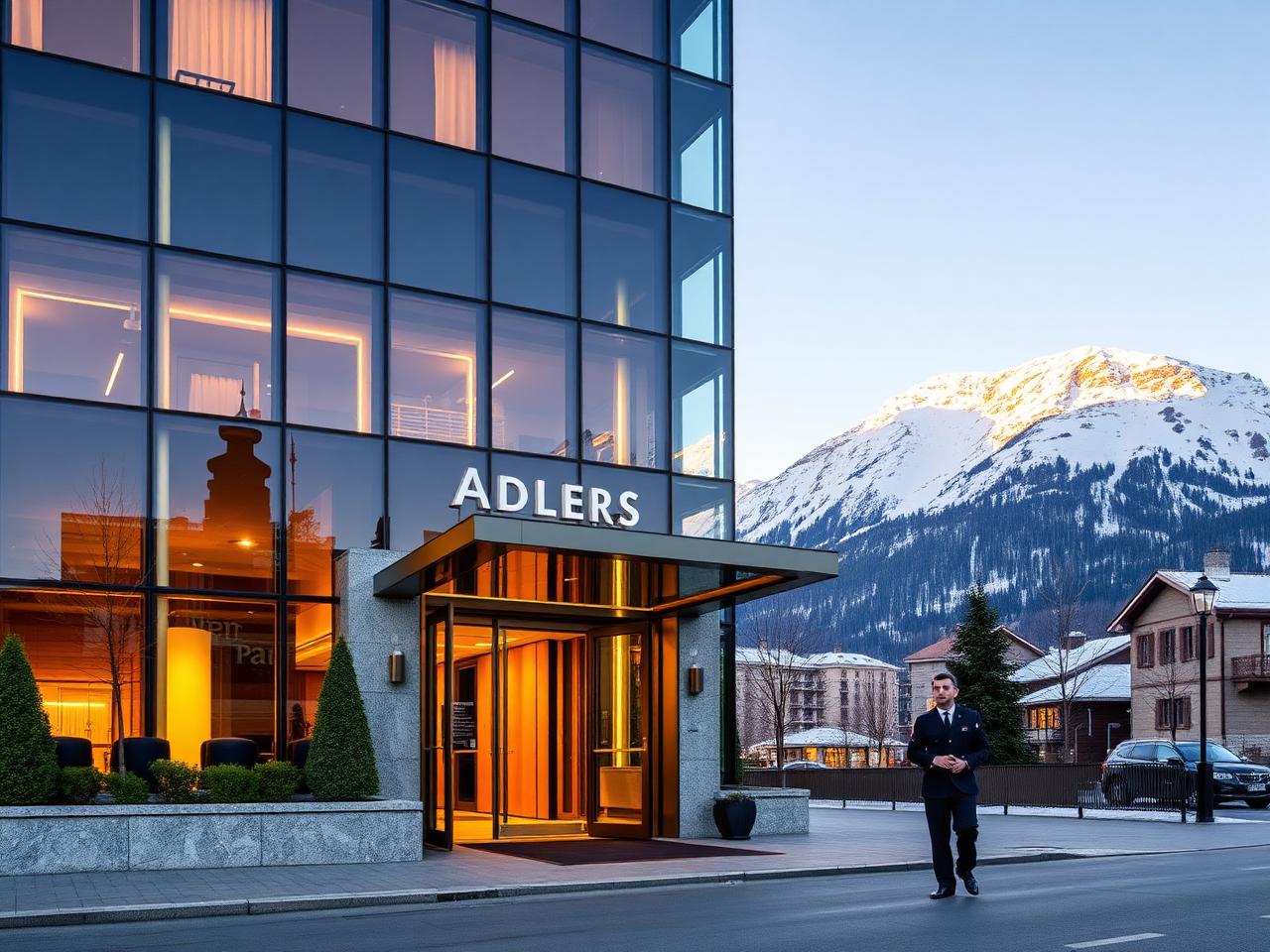 Adlers Design Hotel Innsbruck refined modern luxury design hotel facade at golden hour with contemporary glass tower architecture and the snow-capped Nordkette alpine mountains rising behind