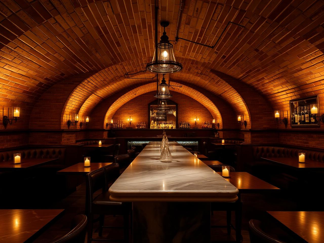 Dachsbau Innsbruck refined intimate underground vaulted-cellar bar interior with exposed brick arches, dim warm amber lighting, leather banquettes, candlelit tables and polished marble bar counter
