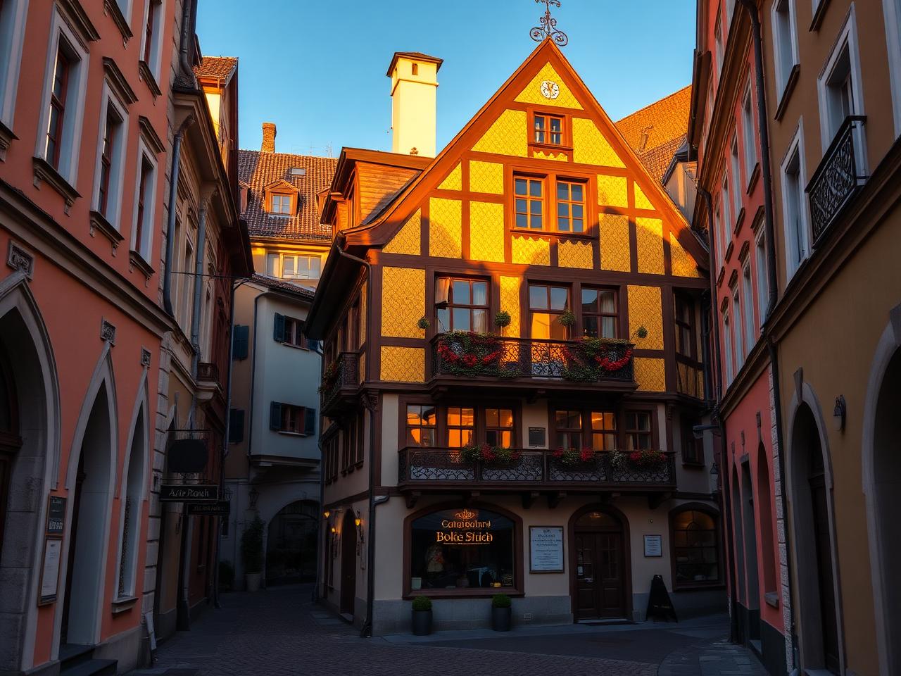 Old Town Altstadt of Innsbruck at golden hour with the Goldenes Dachl gilded copper-tiled balcony glinting in soft sunset light, surrounded by colorful baroque Tyrolean facades and a narrow cobblestone street