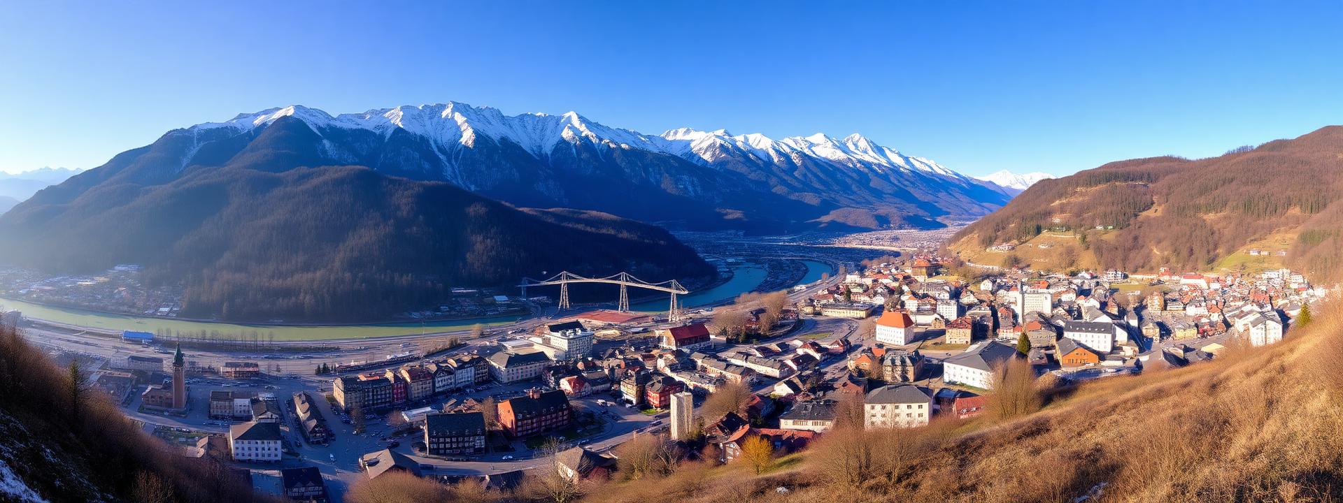 Panoramic morning view of Innsbruck Austria from the hills with the colorful old town below, the Inn river curving through and the snow-capped Nordkette mountains rising dramatically behind