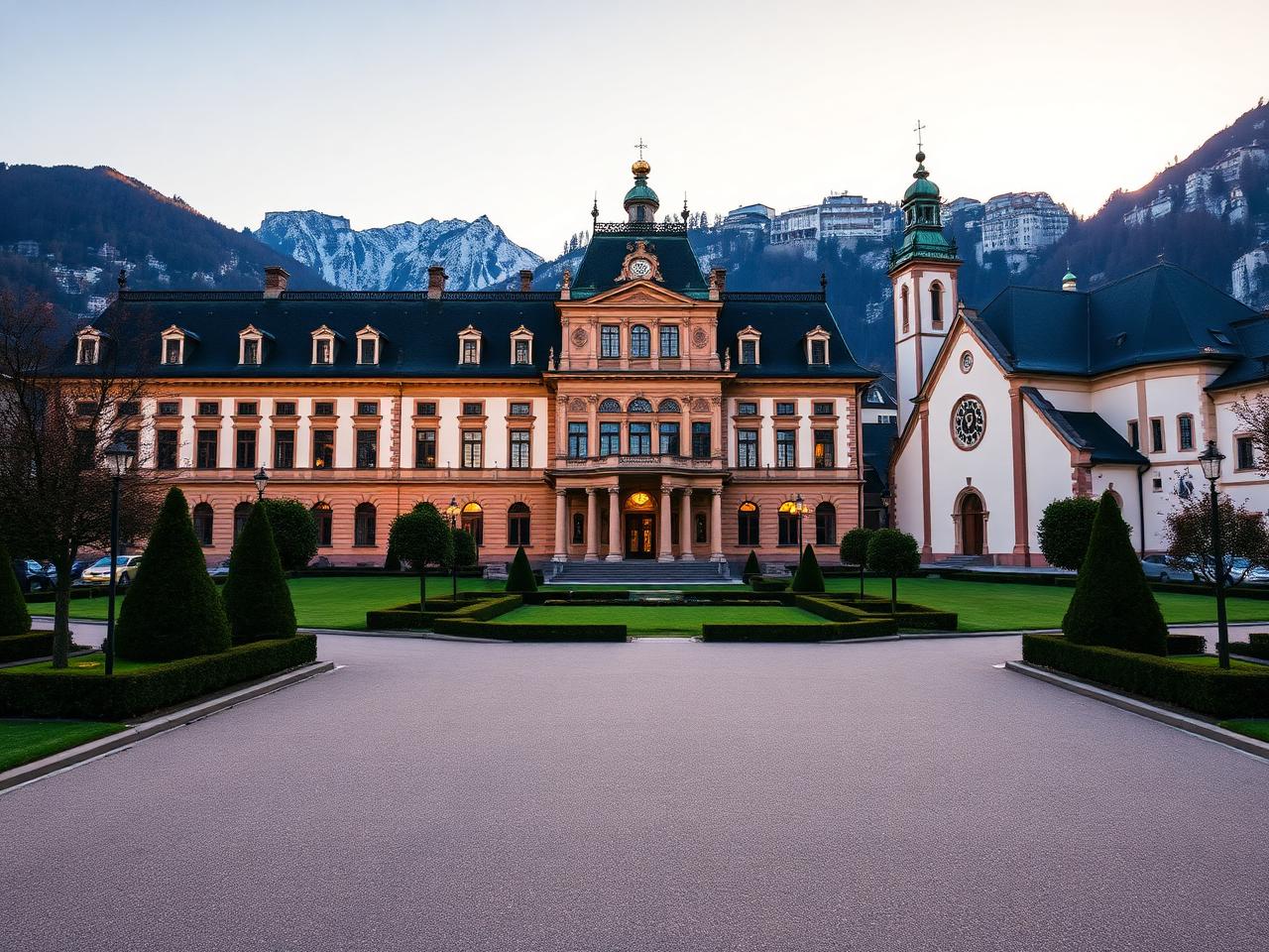 The Hofburg imperial palace and Hofkirche in Innsbruck Austria at golden hour with baroque imperial facade and manicured forecourt
