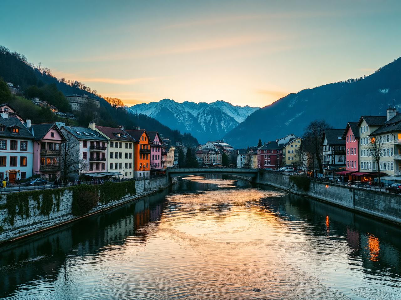 The Inn river running through Innsbruck Austria at golden hour with the colorful pastel houses of Mariahilf reflected in the water and the Nordkette mountains rising behind