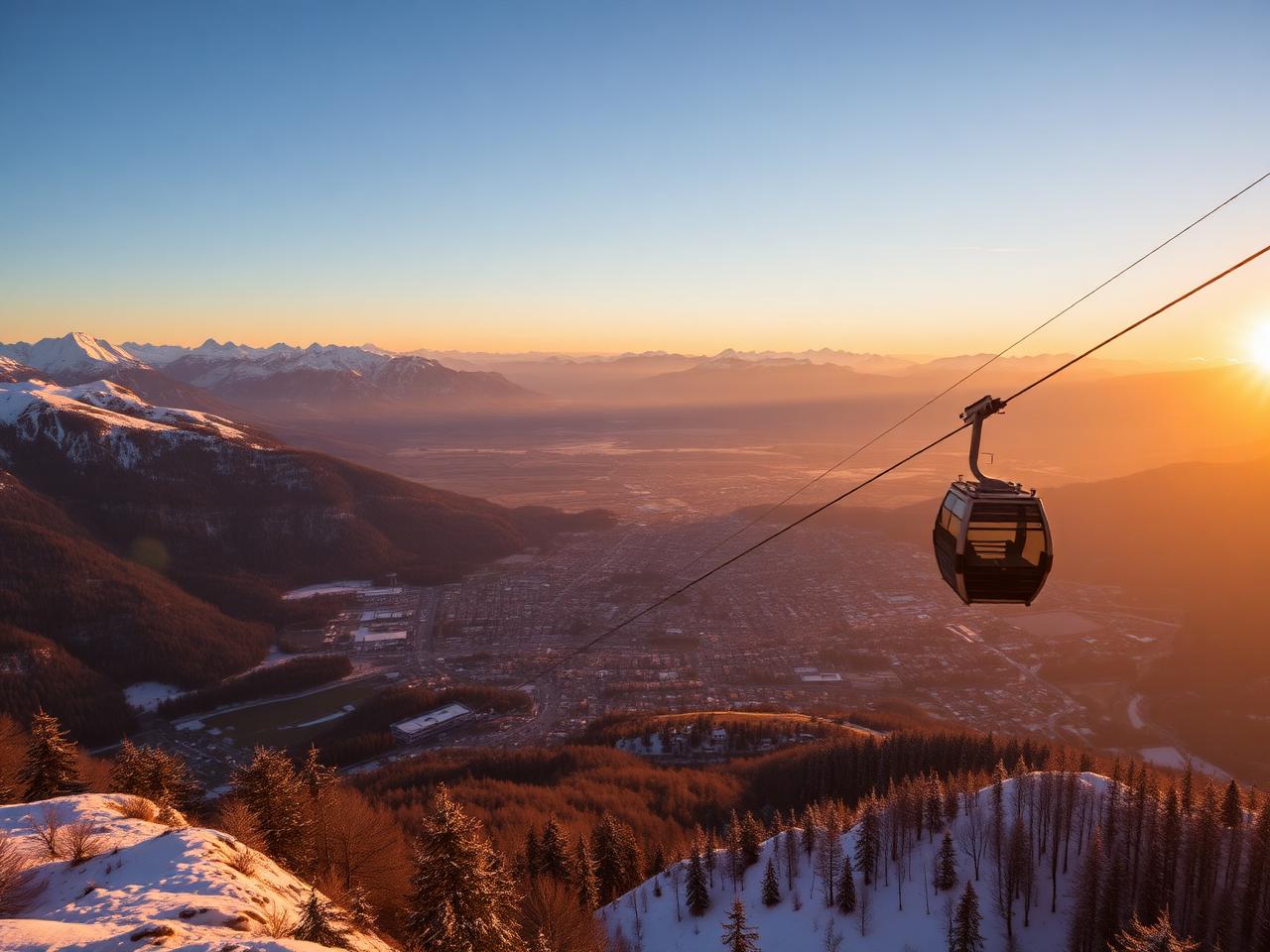 Panoramic view from the Nordkette mountain cable car above Innsbruck at golden hour, looking down on the city far below in the Inn valley and the alps stretching to the horizon
