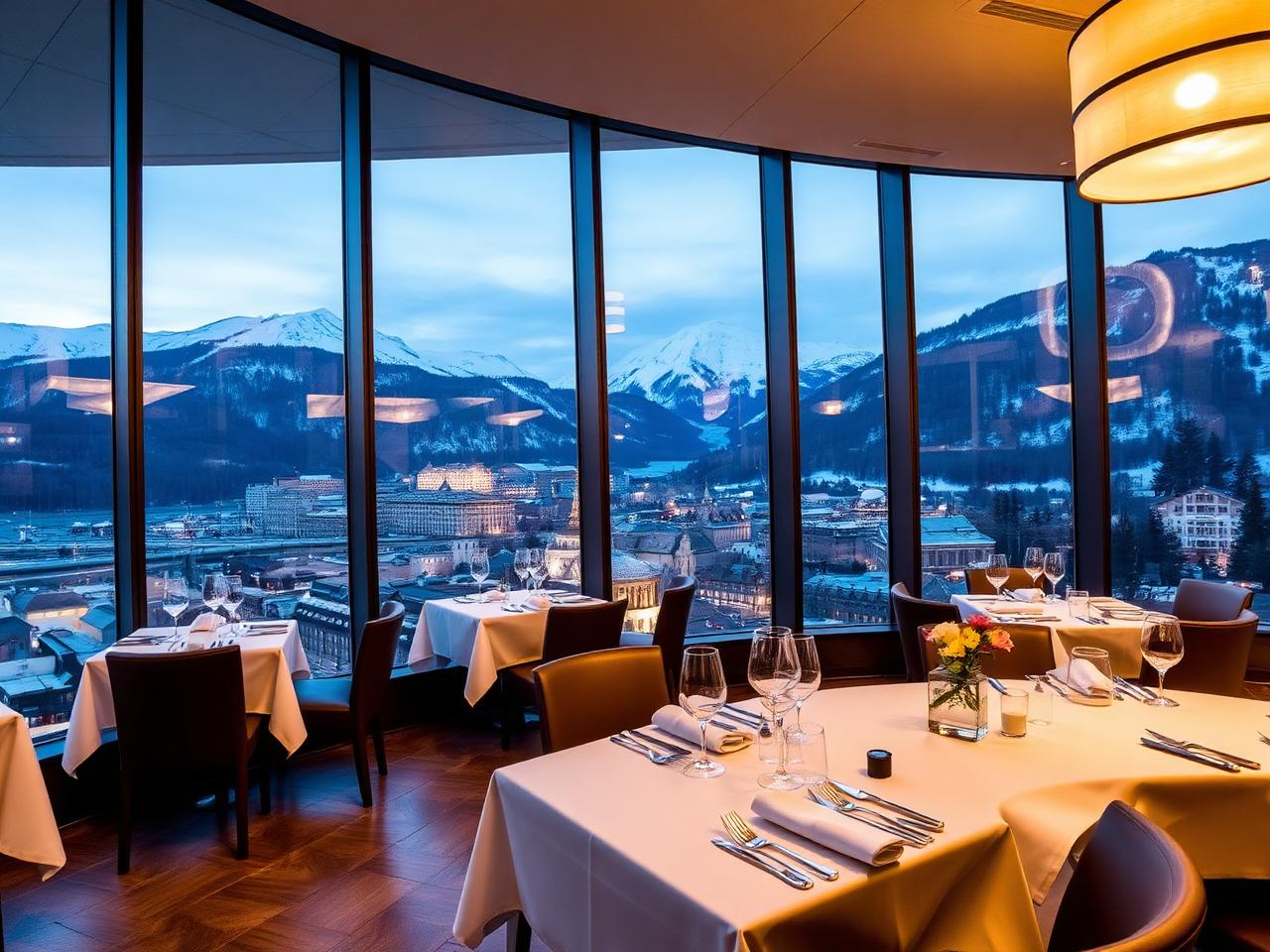 Lichtblick Innsbruck refined fine dining restaurant interior on the top floor with floor-to-ceiling windows opening to a panoramic view of the snow-capped Nordkette alpine mountains and the old town at dusk, white tablecloths and warm pendant lighting