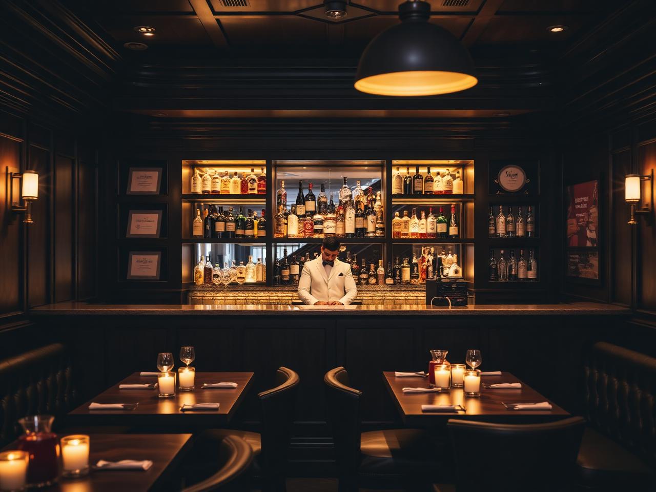 Liquid Diary Innsbruck refined intimate craft cocktail bar interior with dark wood paneling, leather banquettes, marble counter, shelves of premium spirits behind a white-jacketed bartender and candlelit tables