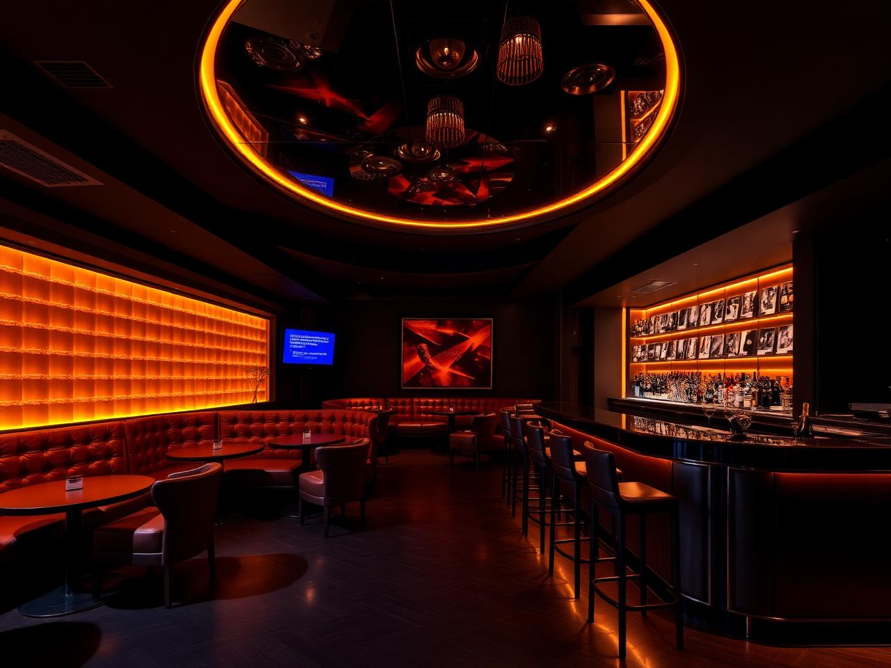 Mausefalle Innsbruck refined upscale nightclub interior with dramatic warm amber LED lighting, dark surfaces, leather banquettes, polished bar with champagne buckets and a dance floor with mirrored ceiling