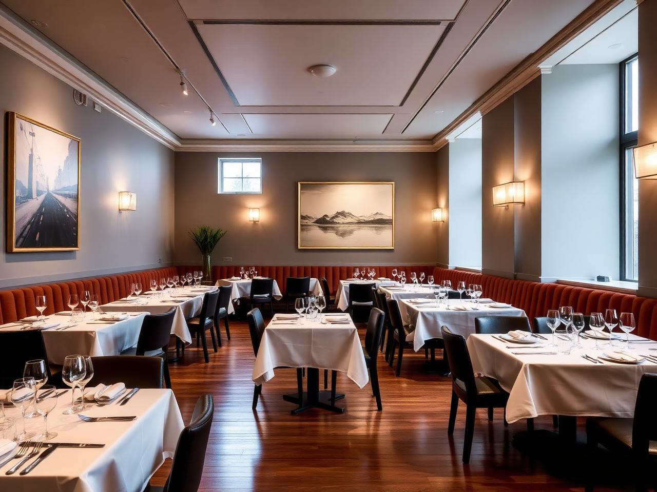 Restaurant Sitzwohl Innsbruck refined Michelin-starred fine dining room interior with elegant minimalist Austrian design, white tablecloths against warm grey walls, modern art, and soft pendant lighting