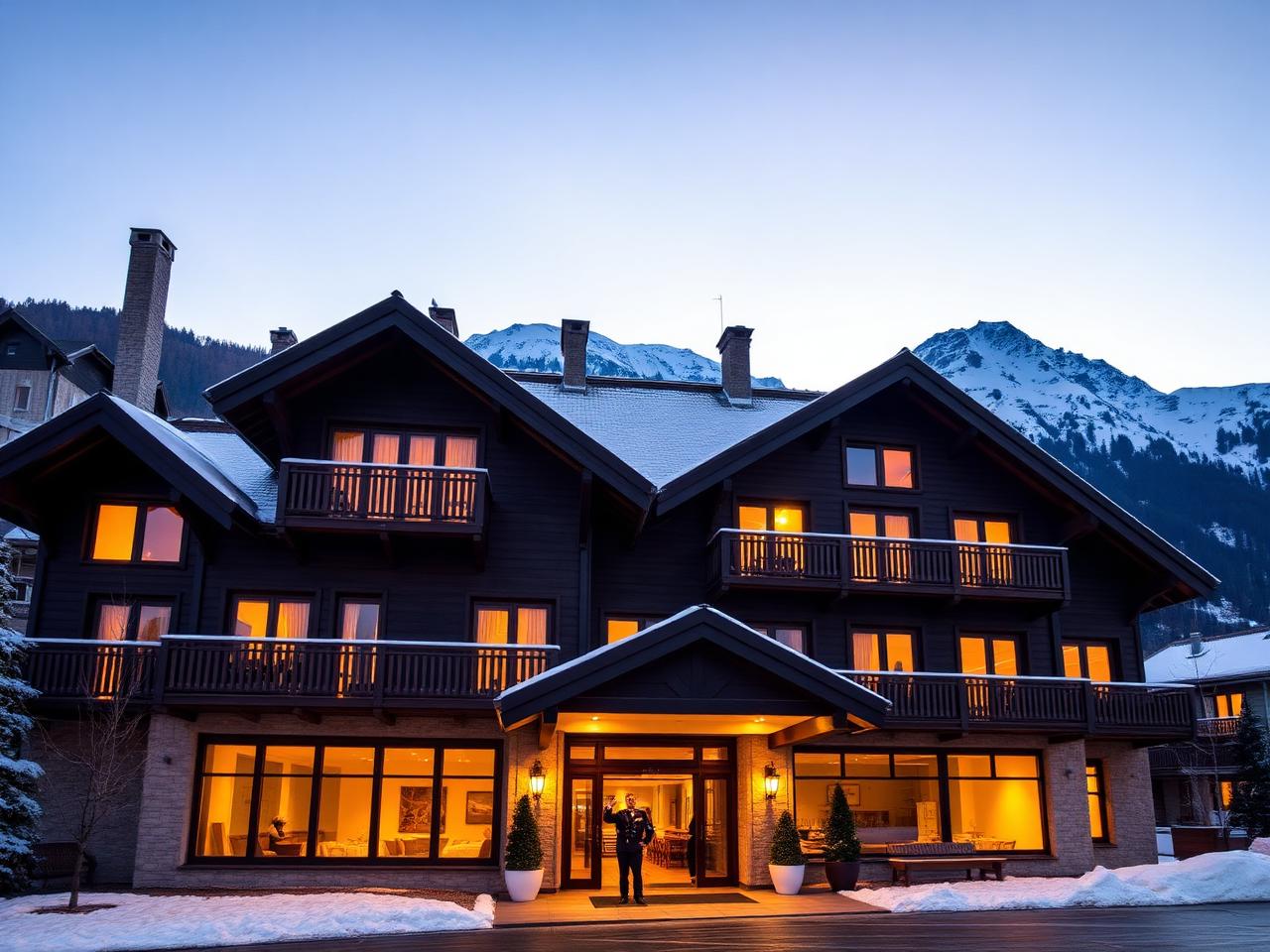 A-ROSA Kitzbühel refined luxury alpine resort hotel facade at golden hour with traditional Tyrolean alpine chalet architecture, steeply pitched roofs and wooden balconies, snow on the ground and the snow-capped alpine mountains rising behind