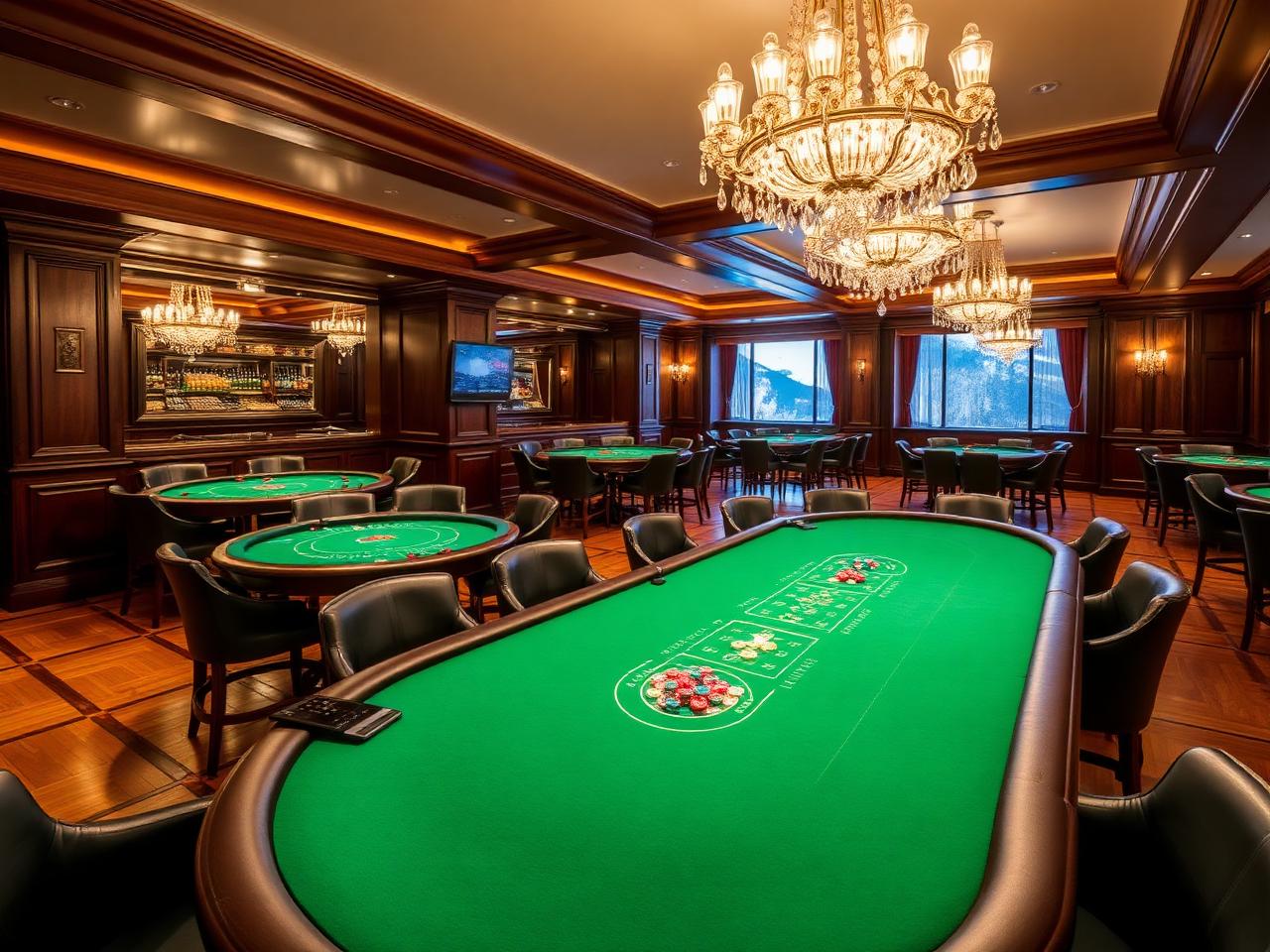 Casino Kitzbühel refined elegant alpine casino interior with green felt gaming tables, polished hardwood floors, crystal chandeliers, dark wood paneling and leather seats