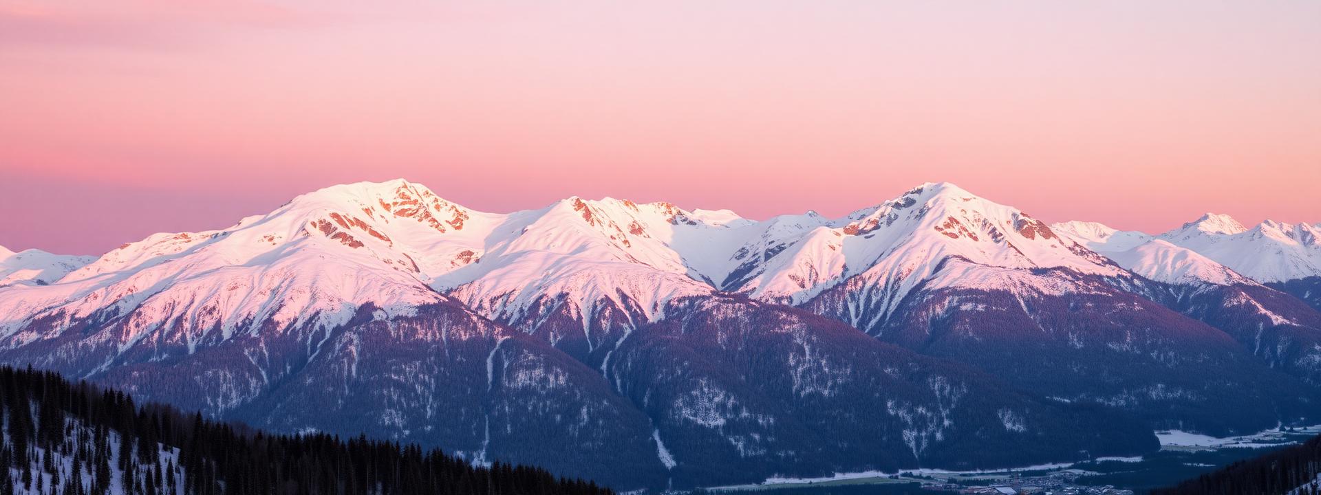 The Wilder Kaiser alpine mountains above Kitzbühel at last golden light in winter with snow-capped peaks reflecting soft pink and gold sky and the alpine valley faint below
