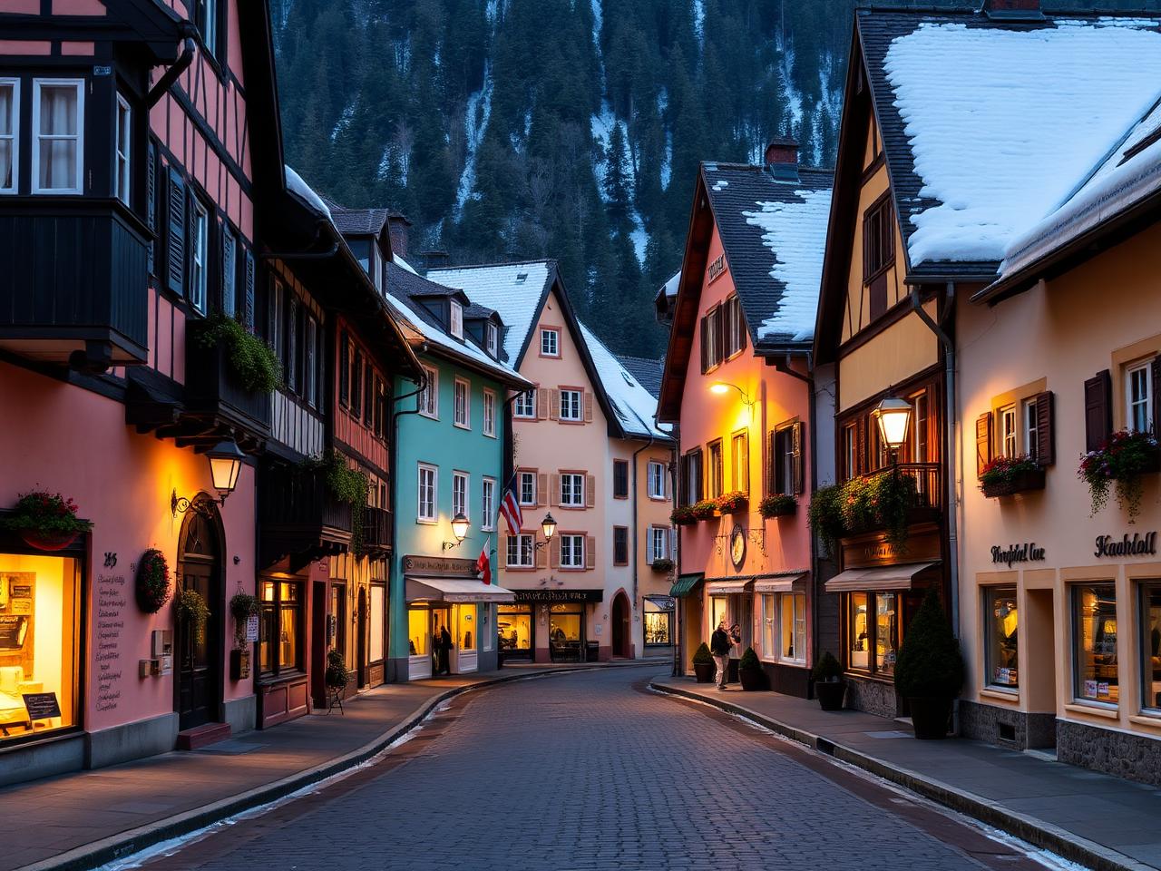 Historic Vorderstadt main street in the old town of Kitzbühel Austria at golden hour with colorful pastel medieval Tyrolean alpine facades, narrow cobblestone street, warm lamplight and snow on the rooftops
