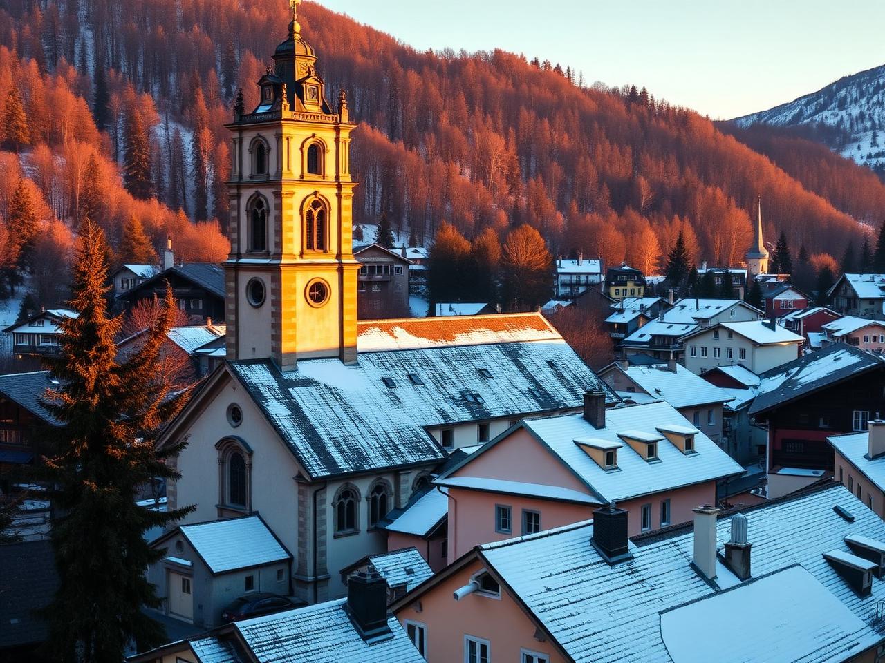 The historic parish church Pfarrkirche St Andreas in Kitzbühel Austria at golden hour with its baroque tower in soft sunset light, snow on the rooftops and colorful pastel Tyrolean houses around