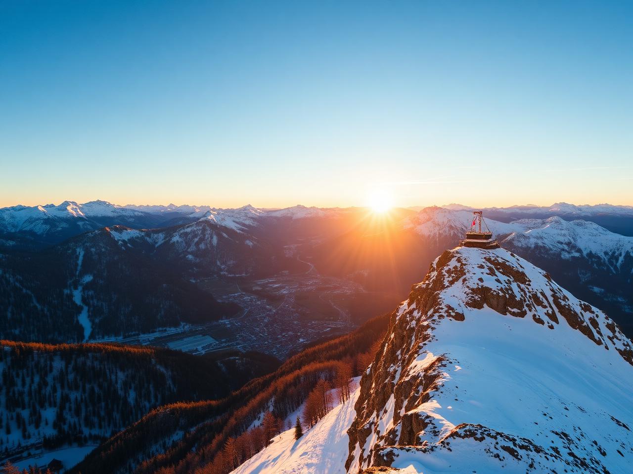 View from the top of the Hahnenkamm mountain above Kitzbühel at golden hour with snow-capped alpine peaks, the famous Streif ski slope descending below and the town faint in the valley