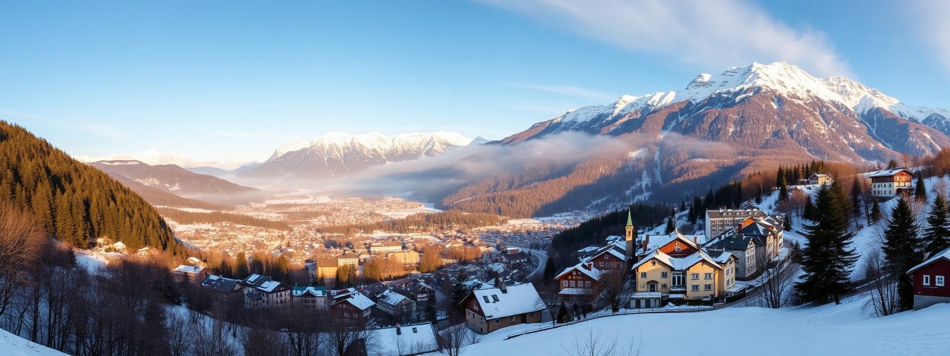 Panoramic morning view of Kitzbühel Austria from the alpine slopes above the town with the colorful old town below in the valley, snow on the rooftops and the snow-capped Wilder Kaiser mountains rising dramatically behind