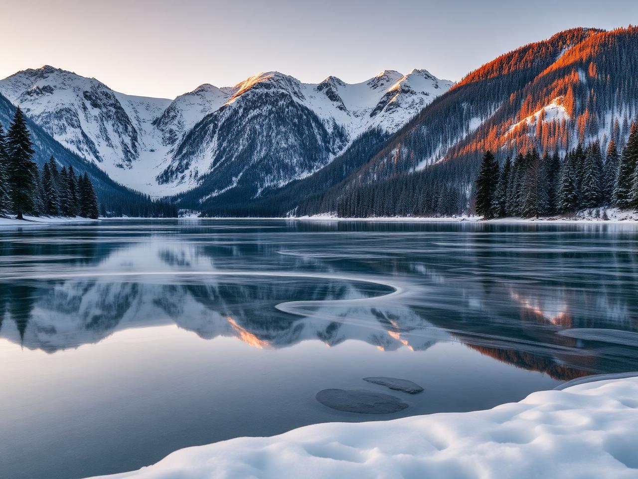 The frozen Schwarzsee lake near Kitzbühel Austria at golden hour with snow on the shore, alpine pine trees around and the snow-capped Wilder Kaiser mountains reflecting in the still water
