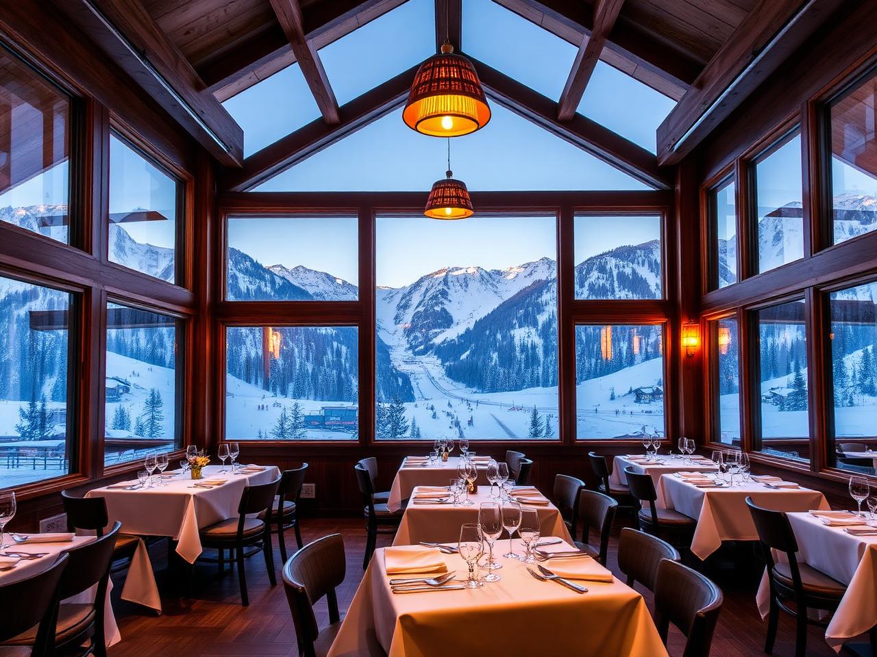 Hallerwirt Kitzbühel refined alpine restaurant interior with floor-to-ceiling windows opening to the snow-capped alpine mountains and ski slopes at golden hour, traditional Tyrolean wood beam interior and white tablecloths