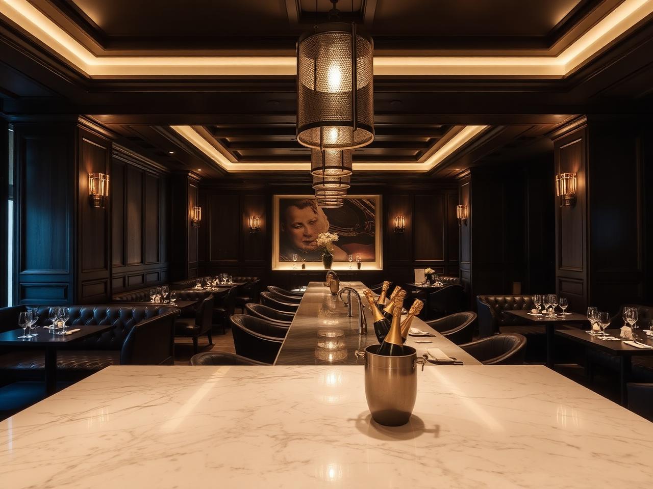 Jimmy's Dinner & Club Kitzbühel refined upscale alpine restaurant and lounge interior with dark wood paneling, leather banquettes, marble counter, dim warm pendant lighting and a polished bar with champagne buckets