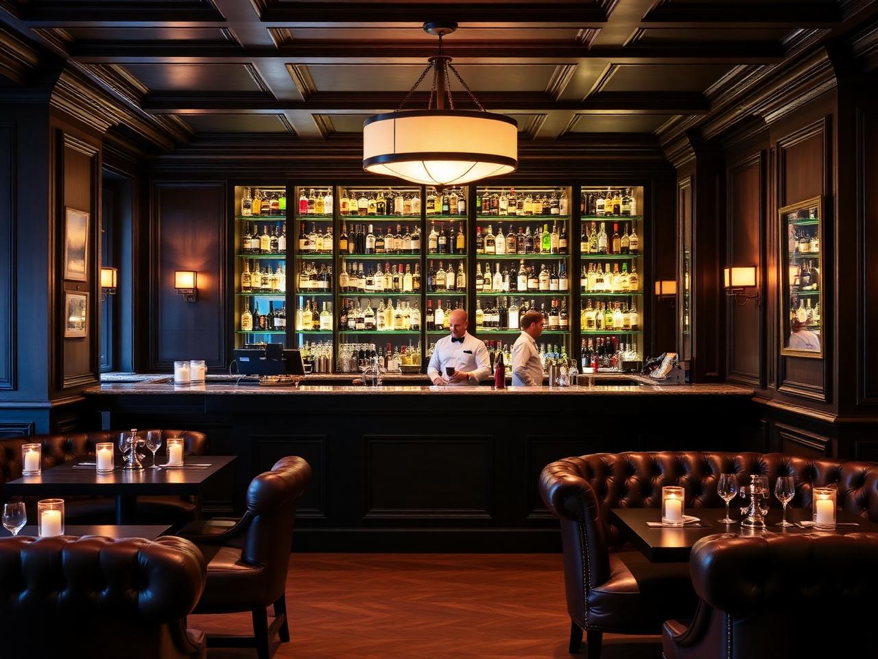 The Londoner Kitzbühel refined upscale British-style pub interior with dark wood paneling, leather Chesterfield banquettes, marble bar counter, warm pendant lighting and a white-jacketed bartender
