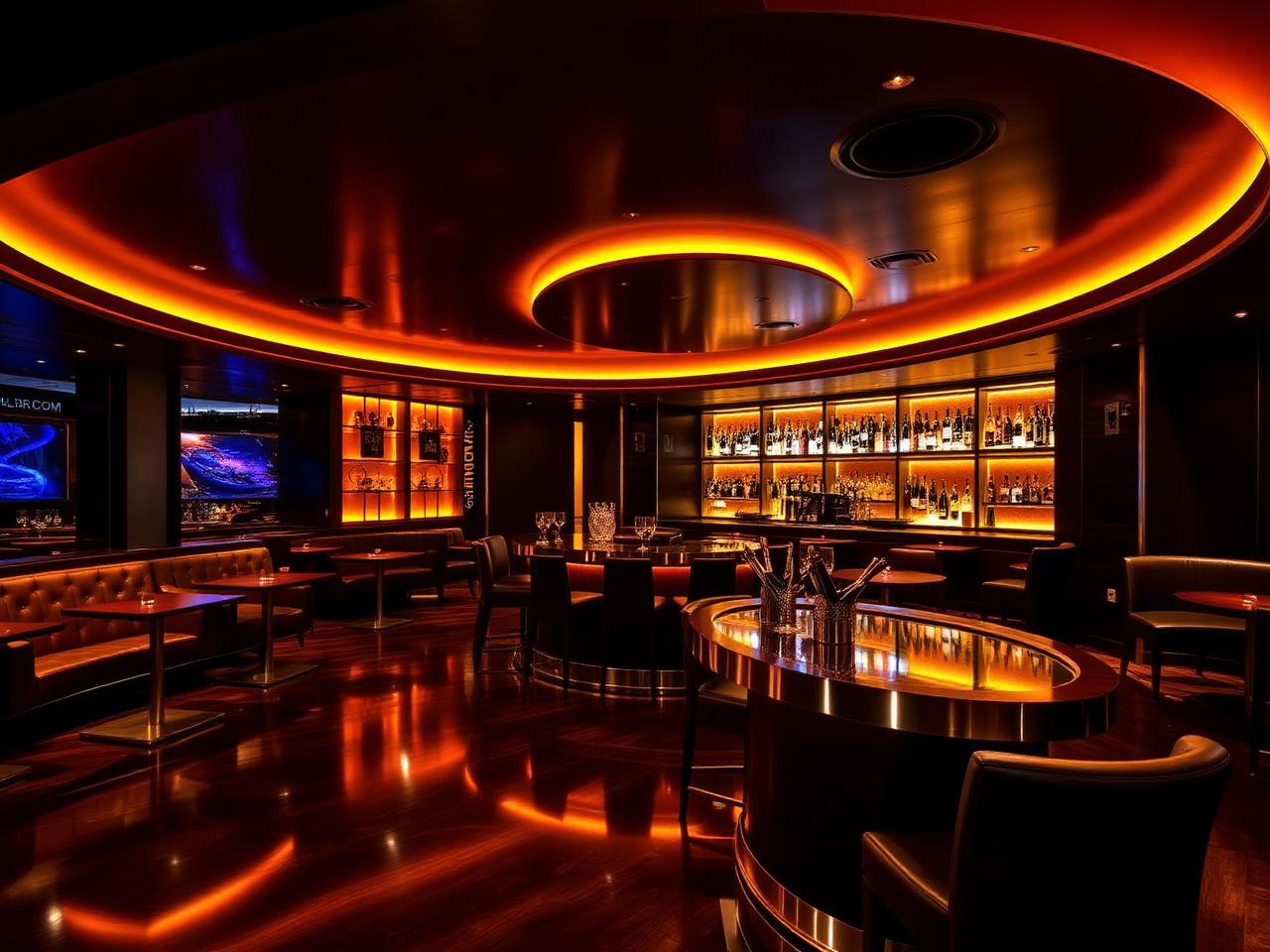 Club Take-Five Kitzbühel refined upscale alpine nightclub interior with dramatic warm amber LED lighting, dark surfaces, leather banquettes, polished circular bar with champagne buckets and a dance floor with mirrored ceiling