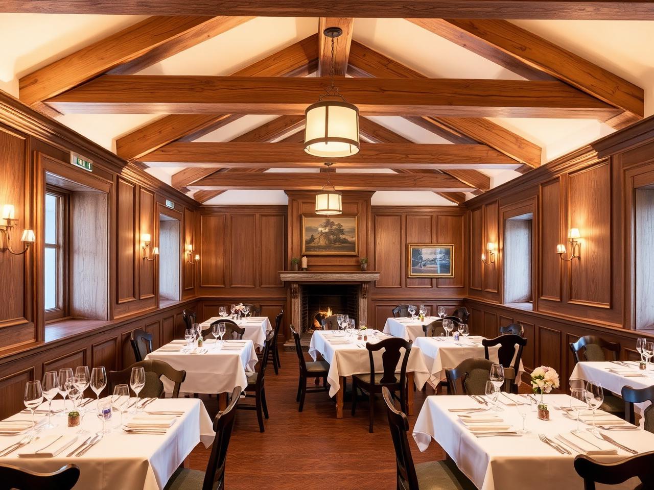 Relais Châteaux Hotel Tennerhof Kitzbühel refined fine dining restaurant interior in a historic Tyrolean chalet with traditional alpine wood paneling, exposed wood beams, white tablecloths, antique chairs and candlelit tables