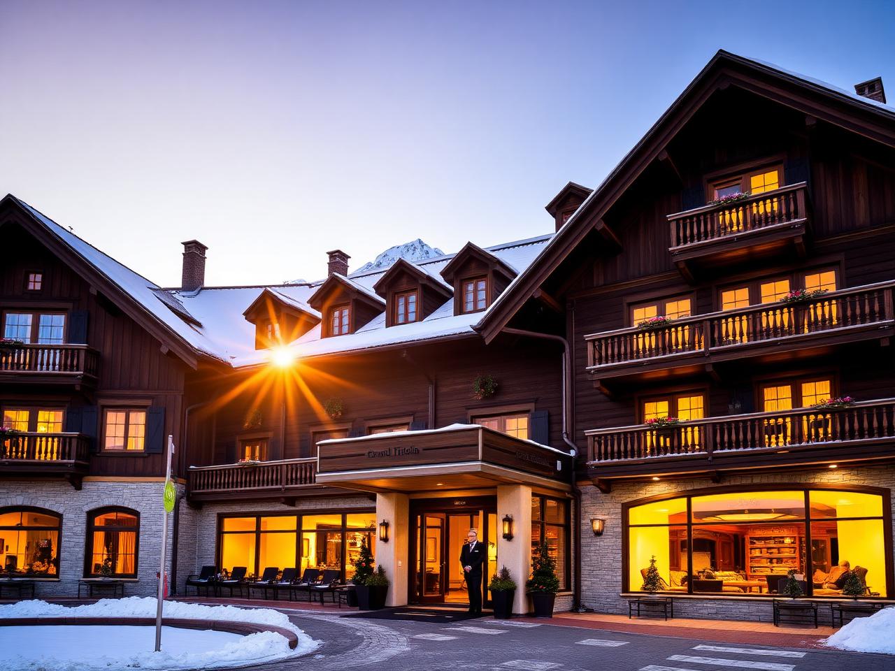 Grand Tirolia Kitzbühel refined grand luxury alpine resort hotel facade at golden hour with traditional Tyrolean alpine chalet architecture, steeply pitched roofs and large wooden balconies