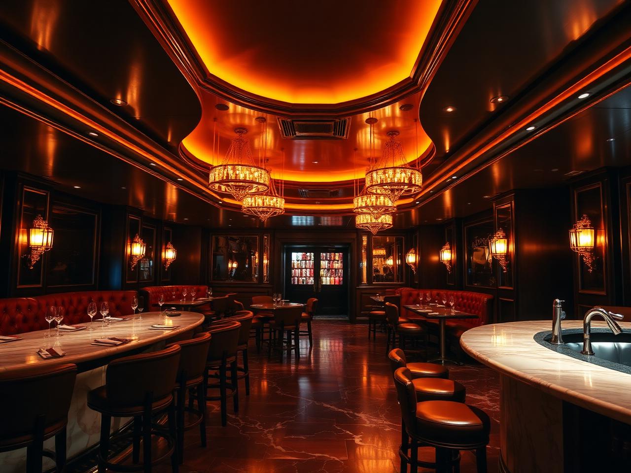Upscale Hollywood nightclub interior with warm amber lighting, leather VIP booths and marble bar