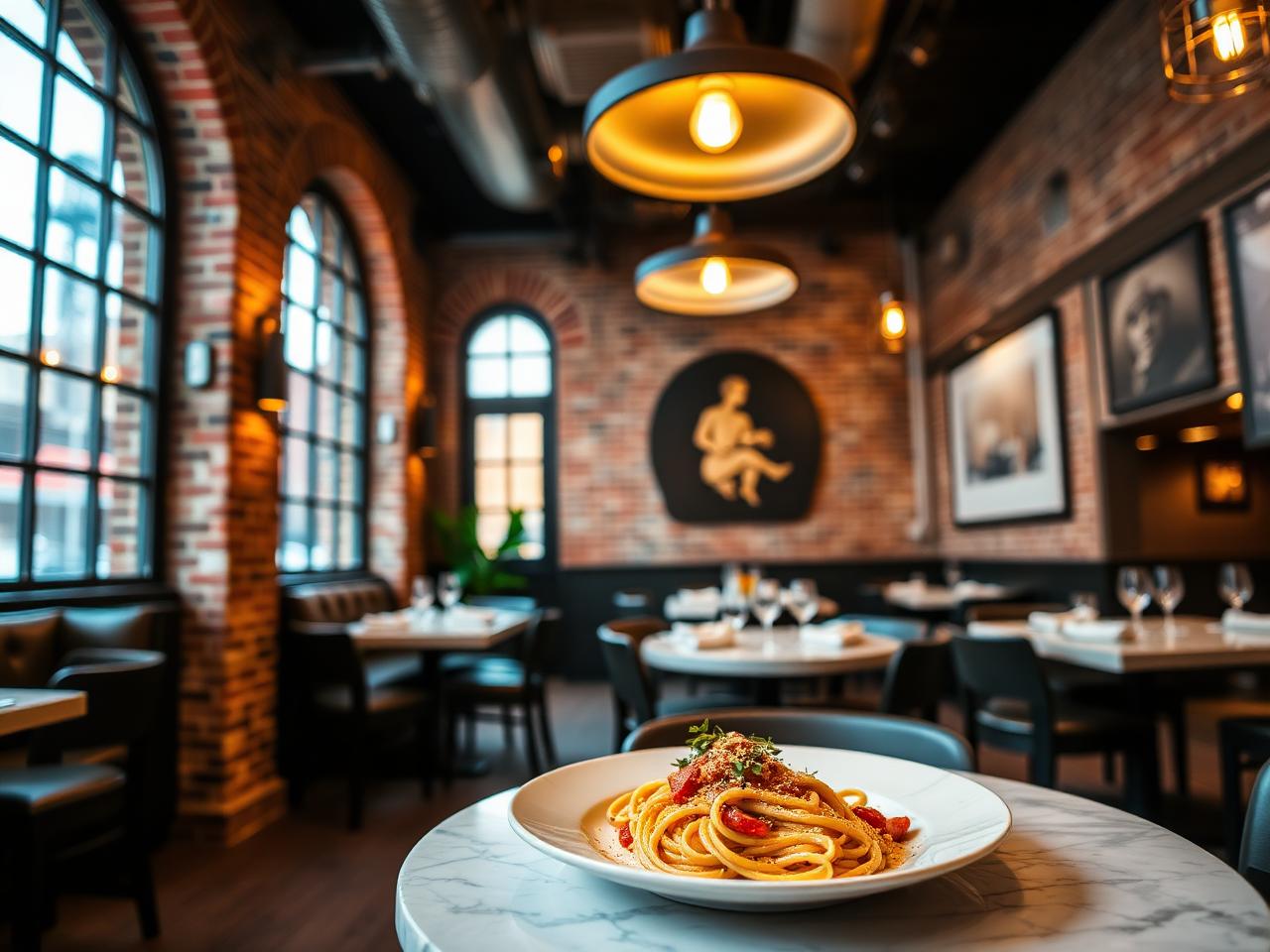 Warm Italian dining room in downtown LA with exposed brick, pendant lights and a plated pasta dish on marble