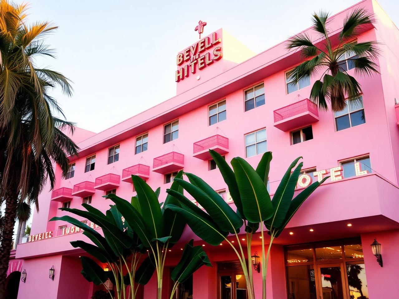 Iconic pink Beverly Hills hotel exterior with palm trees and banana leaves at golden hour