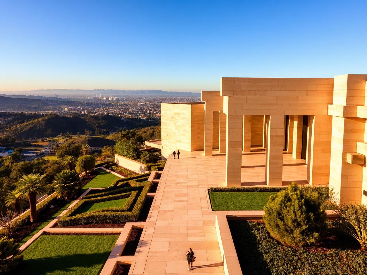 Travertine pavilions of the Getty Center on a hilltop with manicured gardens and city in the distance