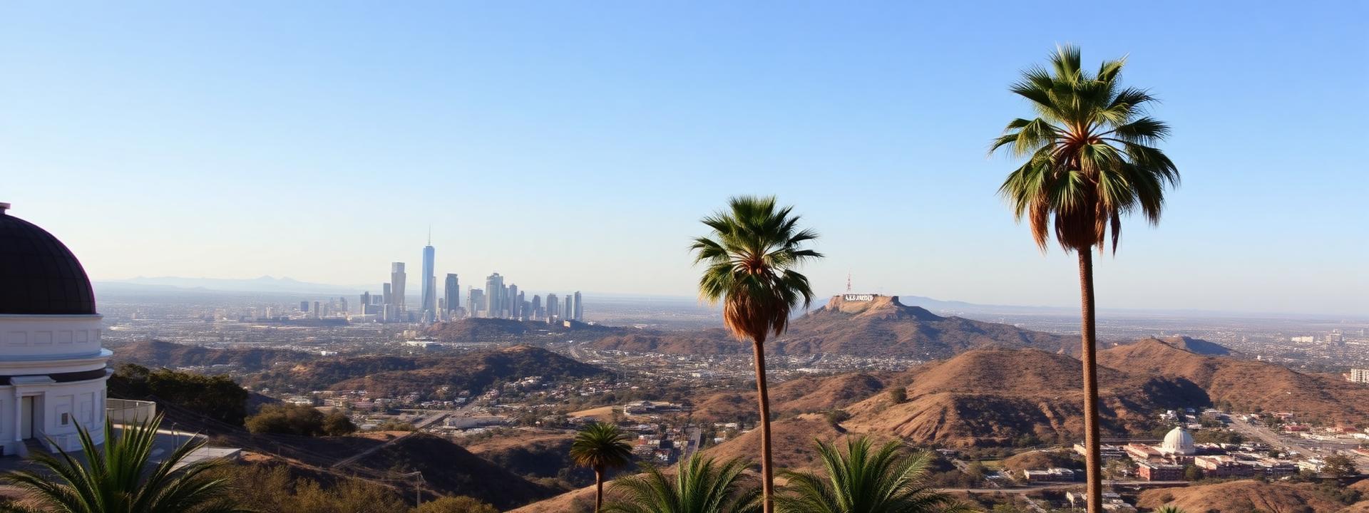 The Los Angeles skyline seen from the Griffith Observatory on a bright sunny afternoon