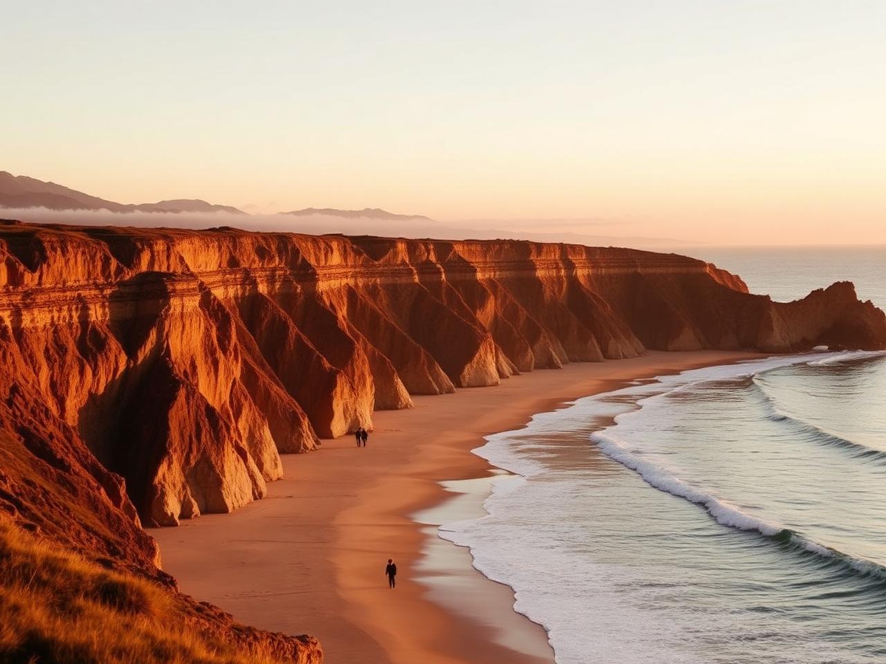 Malibu coastline at golden hour with sandstone cliffs meeting the Pacific ocean