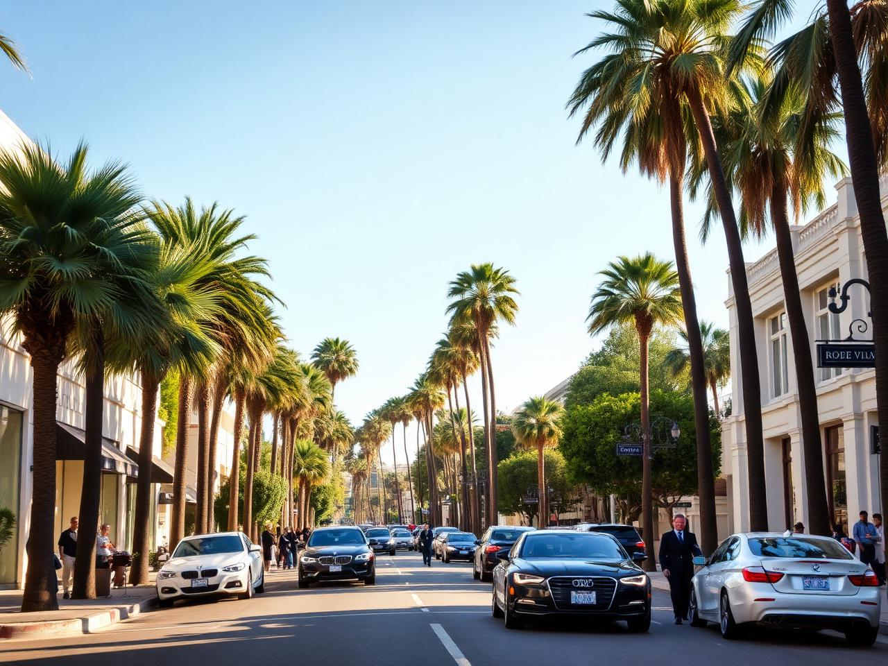 Tree-lined Rodeo Drive with luxury boutiques, palm trees and well-dressed people walking