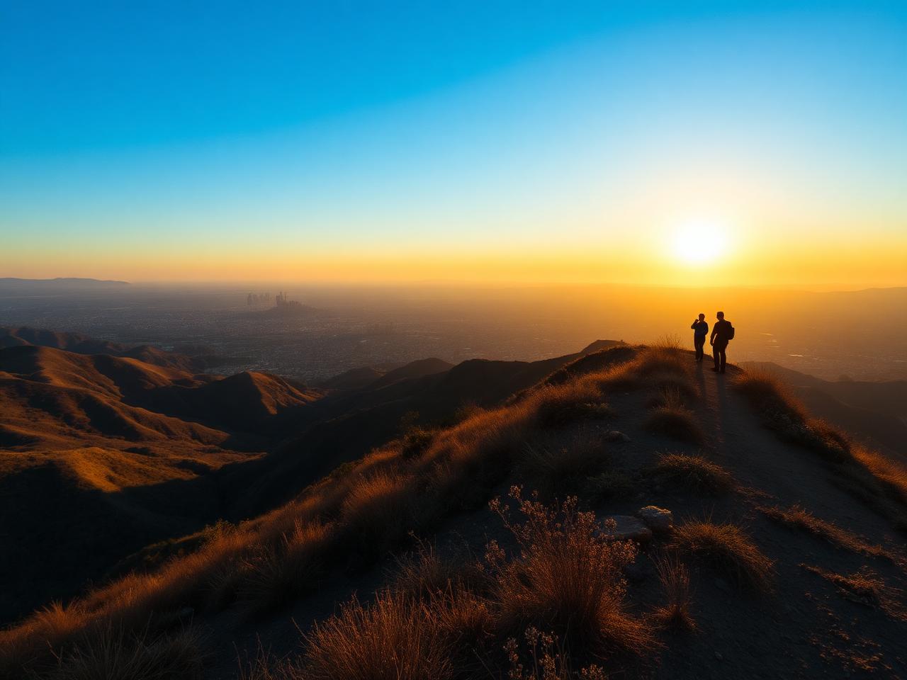 Two figures walking along the Runyon Canyon ridge at sunrise with Los Angeles spread out below