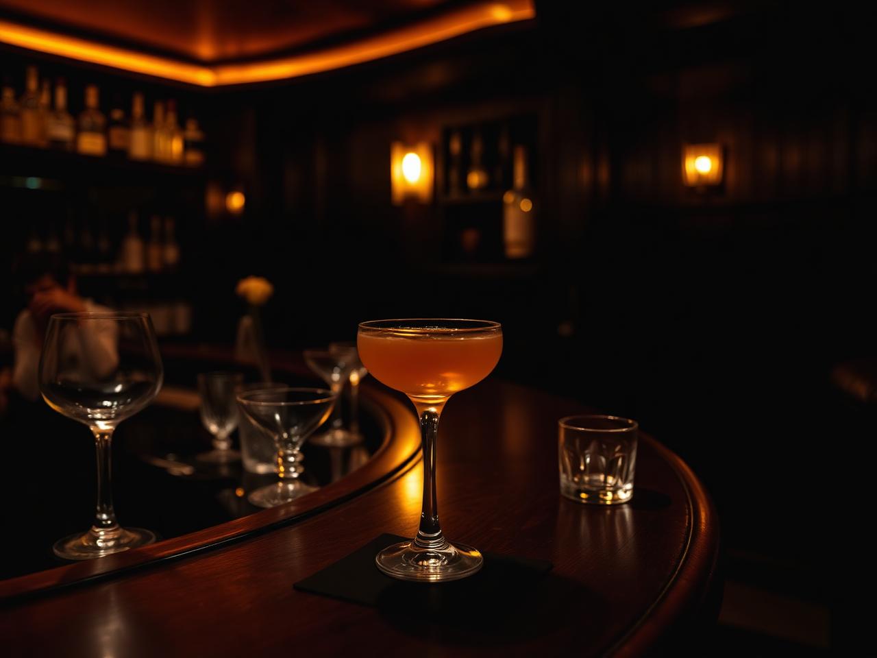 Dark intimate cocktail bar with amber lighting, vintage glassware and a coupe glass on a wooden counter