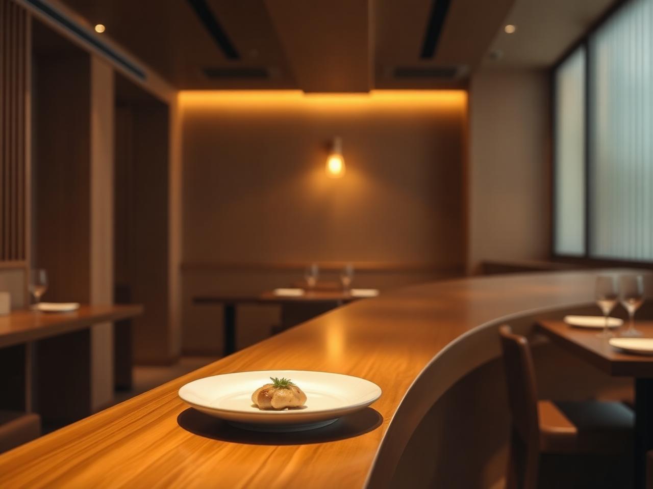 Refined Japanese kaiseki counter with warm wood, soft amber light and a single artful course