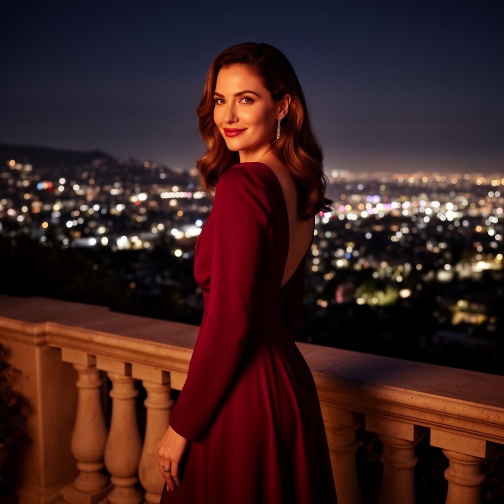 Elegant woman on a private Bel-Air balcony overlooking the glowing LA skyline at night, bathed in warm twilight glow