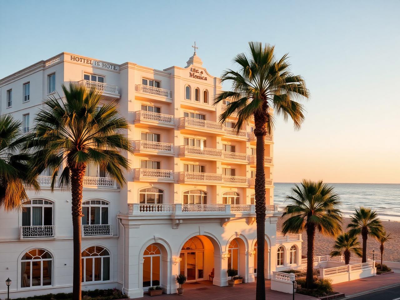 The white Cape Cod façade of Shutters on the Beach with palm trees and the Pacific at golden hour