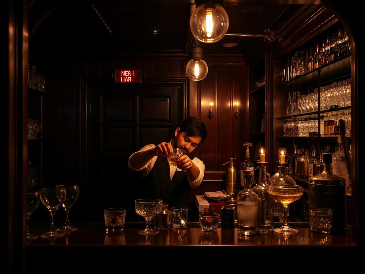 Hidden speakeasy cocktail bar with dark wood, vintage glassware and a bartender preparing a drink