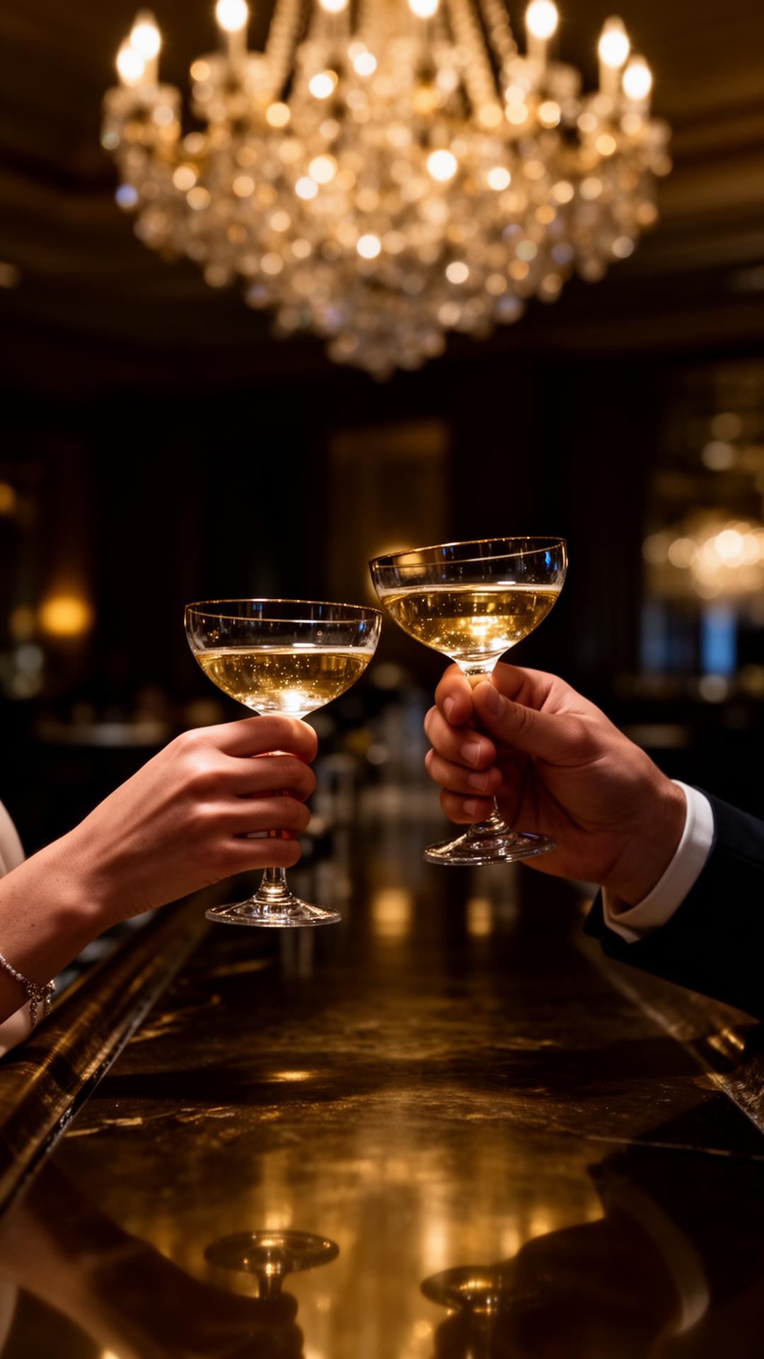 A couple toasting champagne coupes at a luxury hotel bar