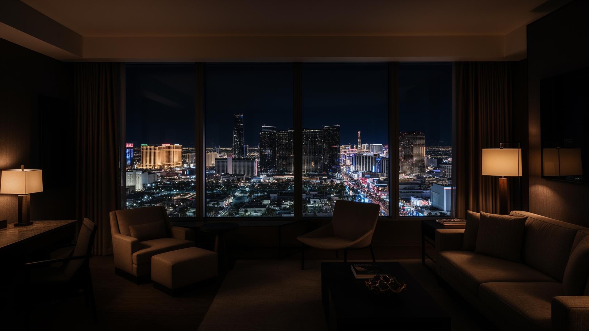 A luxury Las Vegas suite overlooking the Strip at night