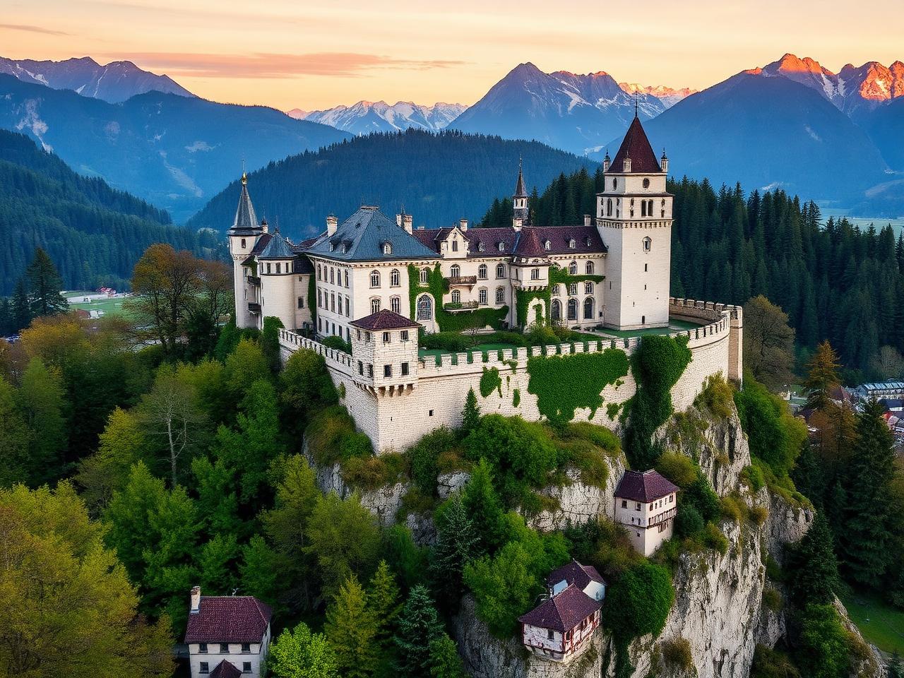 Vaduz 城堡 瓦杜兹城堡,一座中世纪的白色石头堡垒,在黄金时刻坐落在城镇上方的森林悬崖上,有锯齿状的塔楼、爬满常春藤的墙壁,背后是阿尔卑斯山脉