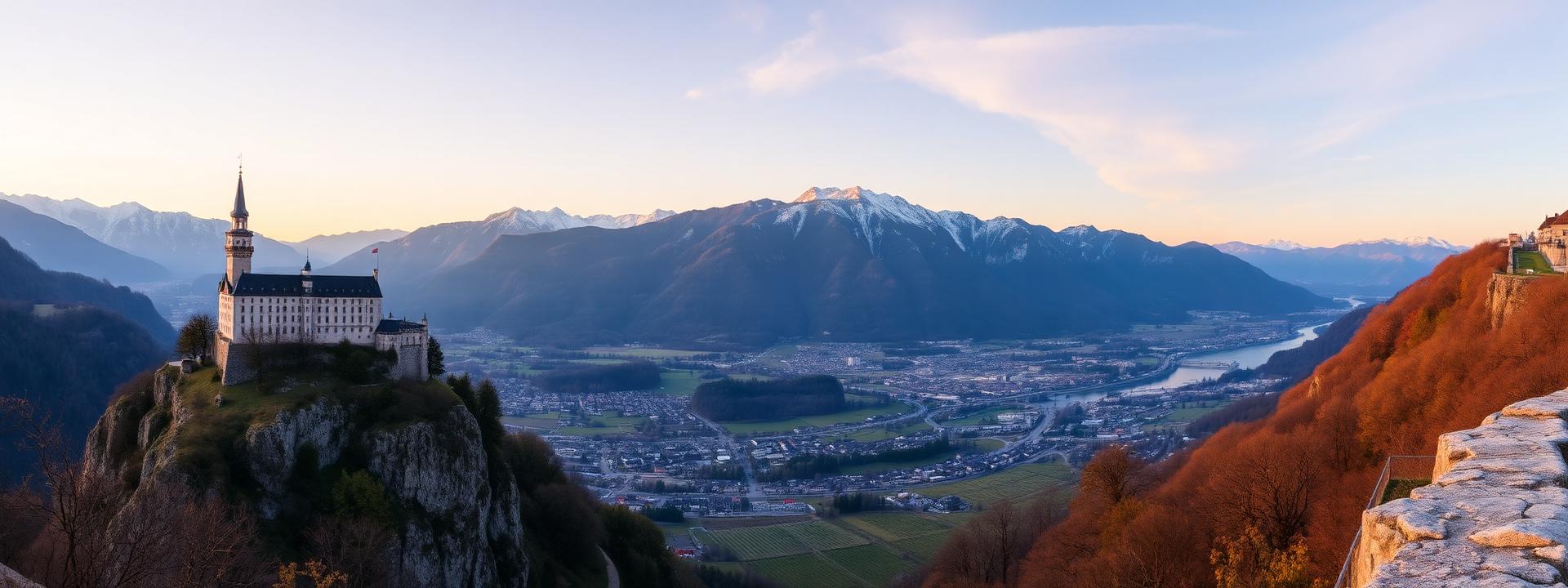 黄昏时分从莱茵河谷上方俯瞰列支敦士登 Vaduz 的全景晨景,Vaduz 城堡坐落在悬崖上,下方是小镇,背后是 Rätikon 阿尔卑斯山峰,山坡上是葡萄园